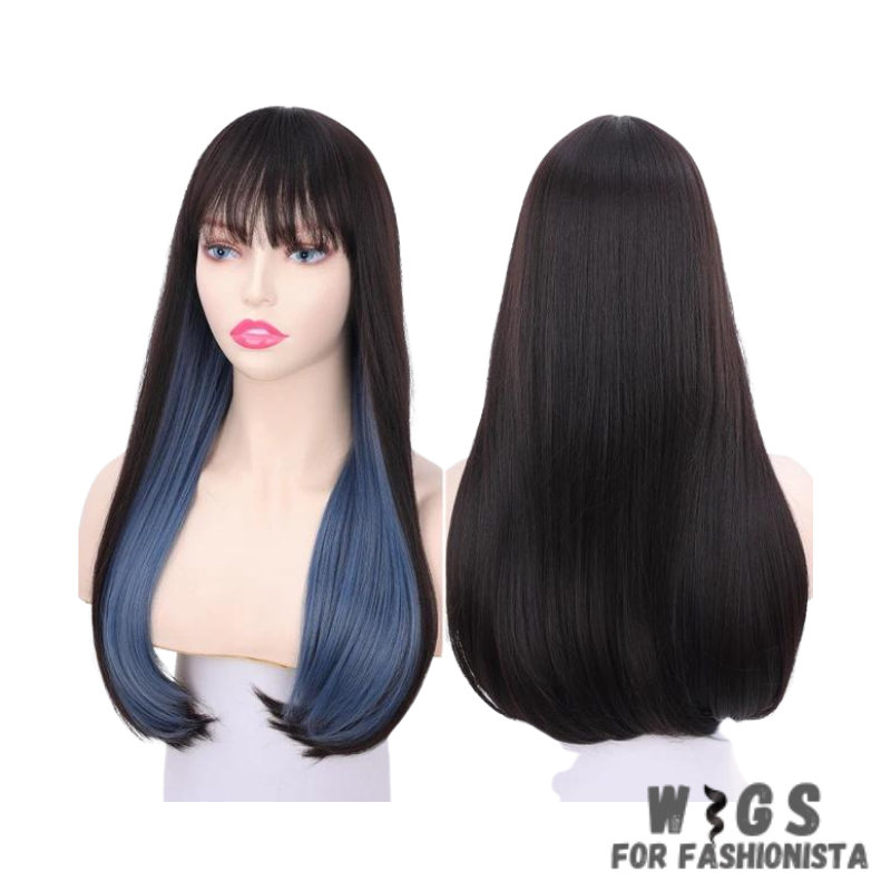 Female Long Straight Hair Wig with Bangs, crafted with premium quality synthetic fibers, features luxuriously long and silky straight hair that falls gracefully down your shoulders. The addition of bangs frames the face delicately, adding a touch of softness and sophistication to your look. The synthetic fibers have a natural sheen and movement, for realistic appearance. Designed for comfort and durability, lightweight and breathable construction. -WIGS FOR FASHIONISTA