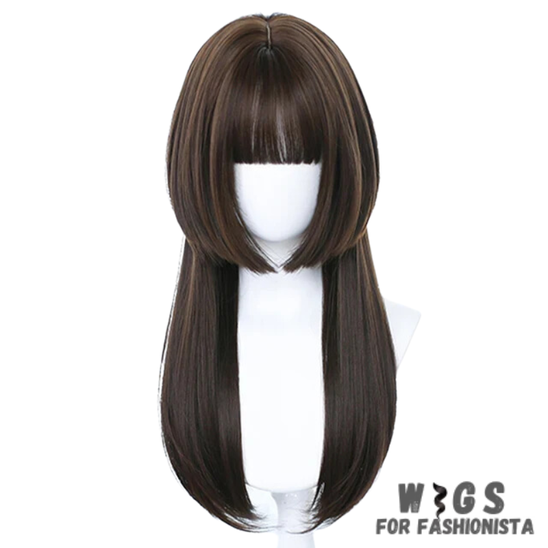 Female Long Straight Hair Wig with Bangs, crafted with premium quality synthetic fibers, features luxuriously long and silky straight hair that falls gracefully down your shoulders. The addition of bangs frames the face delicately, adding a touch of softness and sophistication to your look. The synthetic fibers have a natural sheen and movement, for realistic appearance. Designed for comfort and durability, lightweight and breathable construction. -WIGS FOR FASHIONISTA