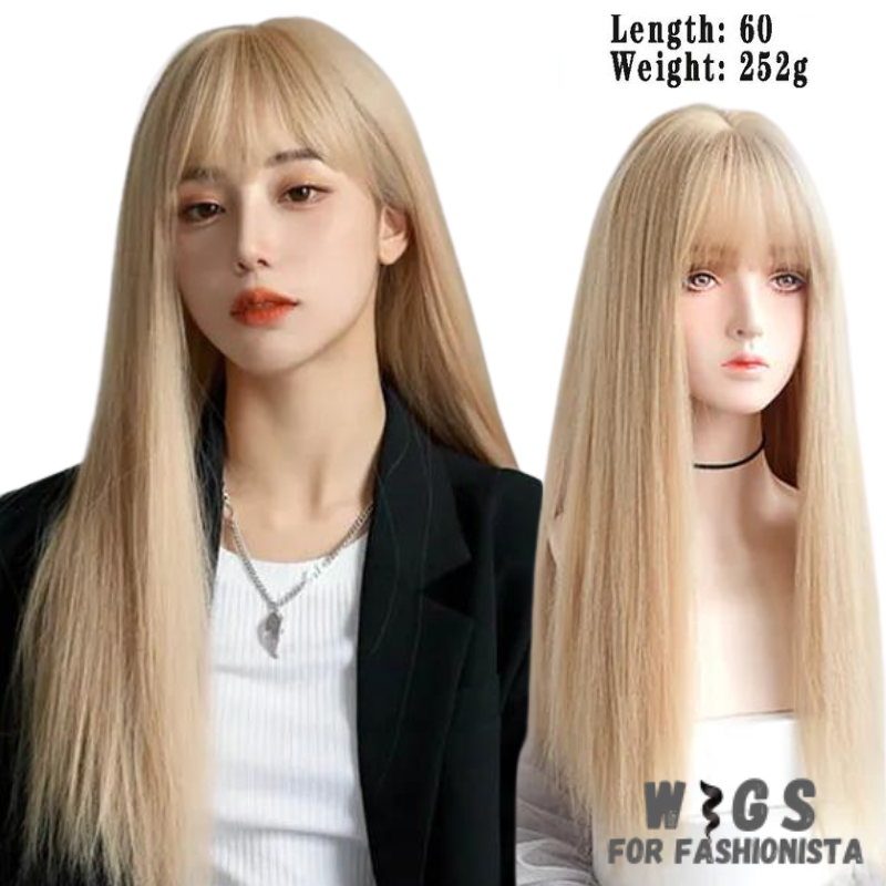 Female Long Straight Hair Wig with Bangs, crafted with premium quality synthetic fibers, features luxuriously long and silky straight hair that falls gracefully down your shoulders. The addition of bangs frames the face delicately, adding a touch of softness and sophistication to your look. The synthetic fibers have a natural sheen and movement, for realistic appearance. Designed for comfort and durability, lightweight and breathable construction. -WIGS FOR FASHIONISTA