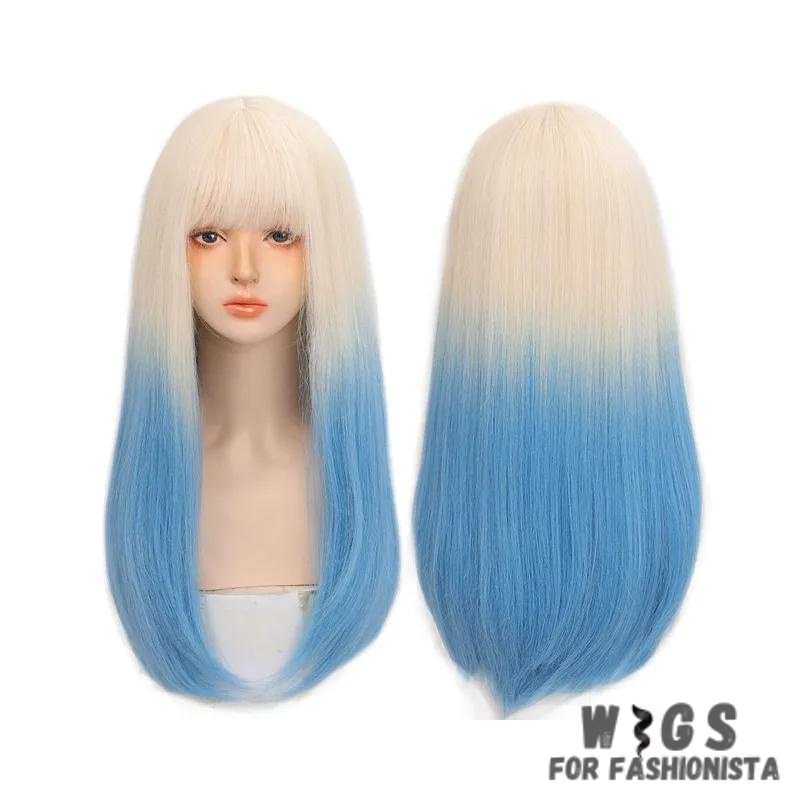 Female Long Straight Hair Wig with Bangs, crafted with premium quality synthetic fibers, features luxuriously long and silky straight hair that falls gracefully down your shoulders. The addition of bangs frames the face delicately, adding a touch of softness and sophistication to your look. The synthetic fibers have a natural sheen and movement, for realistic appearance. Designed for comfort and durability, lightweight and breathable construction. -WIGS FOR FASHIONISTA