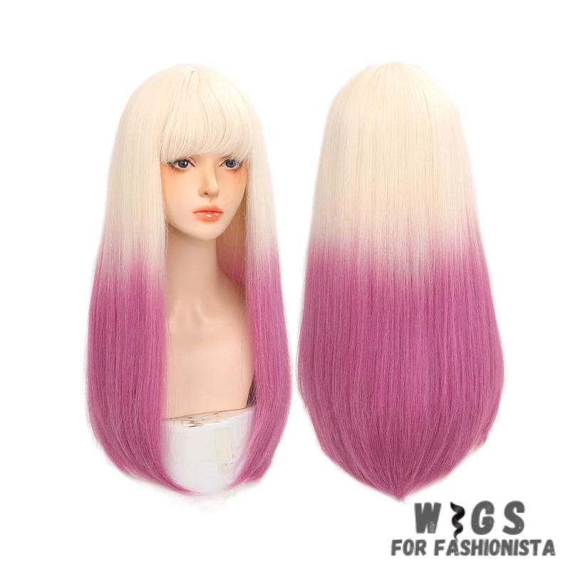 Female Long Straight Hair Wig with Bangs, crafted with premium quality synthetic fibers, features luxuriously long and silky straight hair that falls gracefully down your shoulders. The addition of bangs frames the face delicately, adding a touch of softness and sophistication to your look. The synthetic fibers have a natural sheen and movement, for realistic appearance. Designed for comfort and durability, lightweight and breathable construction. -WIGS FOR FASHIONISTA