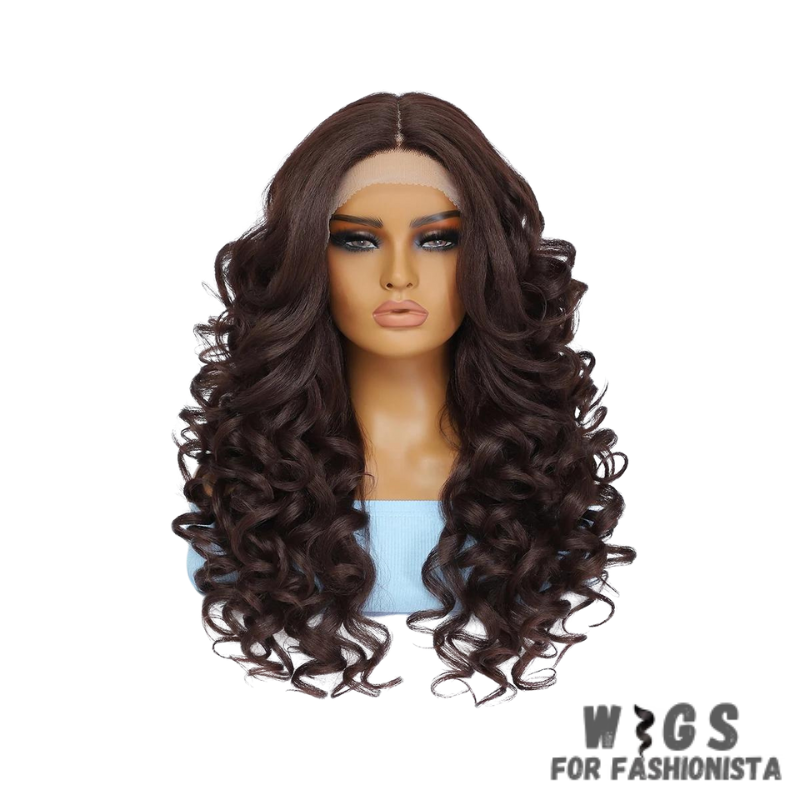Black Brown Curly Synthetic Lace Front Wig.Black with brown highlights,creating a subtle and dimensional look.Curly,offering voluminous and bouncy curls for added flair.Various length options available.High-quality synthetic fibers.Natural-looking lace front construction for seamless blending with your hairline. -WIGS FOR FASHIONISTA