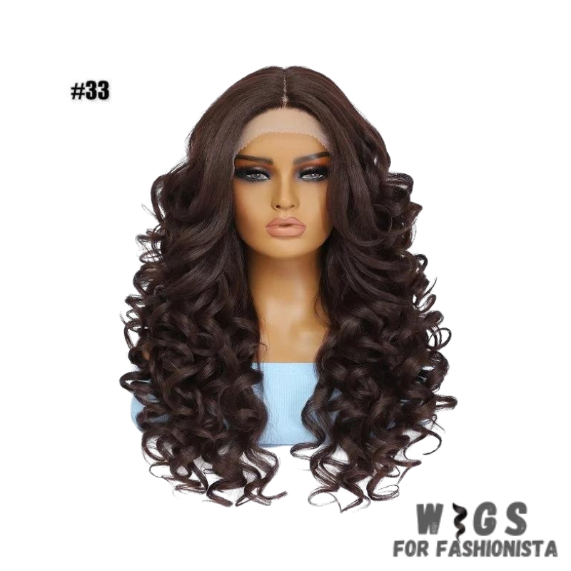 Black Brown Curly Synthetic Lace Front Wig.Black with brown highlights,creating a subtle and dimensional look.Curly,offering voluminous and bouncy curls for added flair.Various length options available.High-quality synthetic fibers.Natural-looking lace front construction for seamless blending with your hairline. -WIGS FOR FASHIONISTA