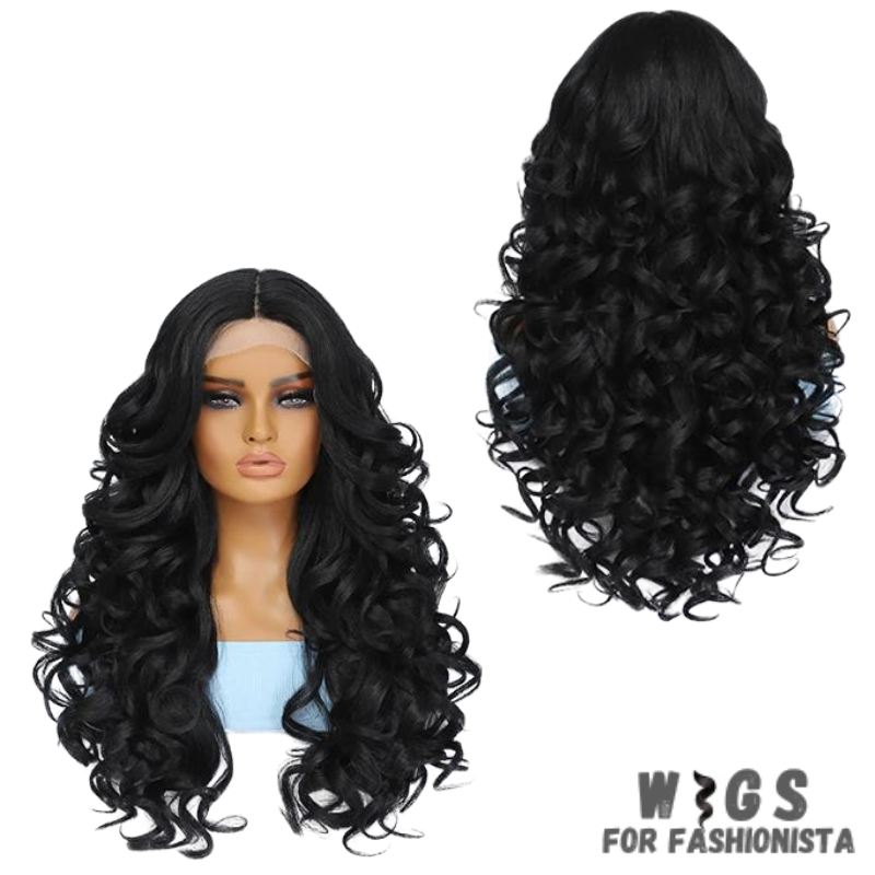 Black Brown Curly Synthetic Lace Front Wig.Black with brown highlights,creating a subtle and dimensional look.Curly,offering voluminous and bouncy curls for added flair.Various length options available.High-quality synthetic fibers.Natural-looking lace front construction for seamless blending with your hairline. -WIGS FOR FASHIONISTA