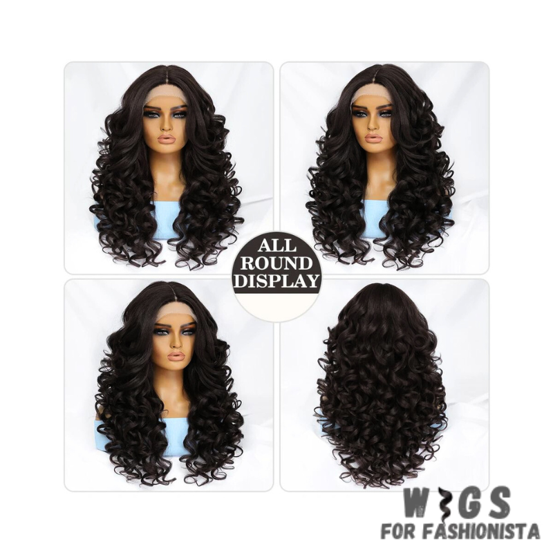 Black Brown Curly Synthetic Lace Front Wig.Black with brown highlights,creating a subtle and dimensional look.Curly,offering voluminous and bouncy curls for added flair.Various length options available.High-quality synthetic fibers.Natural-looking lace front construction for seamless blending with your hairline. -WIGS FOR FASHIONISTA