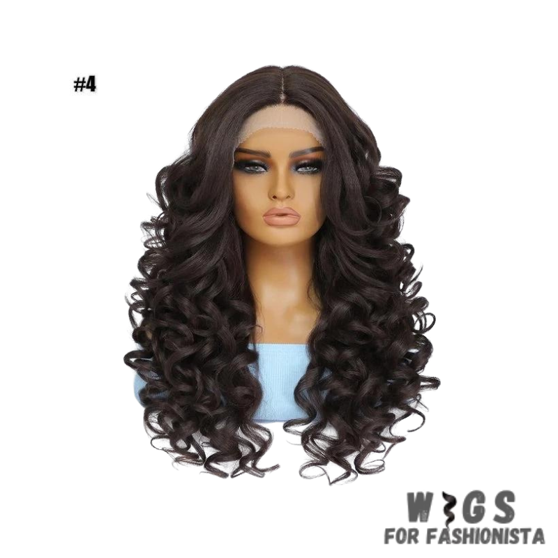 Black Brown Curly Synthetic Lace Front Wig.Black with brown highlights,creating a subtle and dimensional look.Curly,offering voluminous and bouncy curls for added flair.Various length options available.High-quality synthetic fibers.Natural-looking lace front construction for seamless blending with your hairline. -WIGS FOR FASHIONISTA