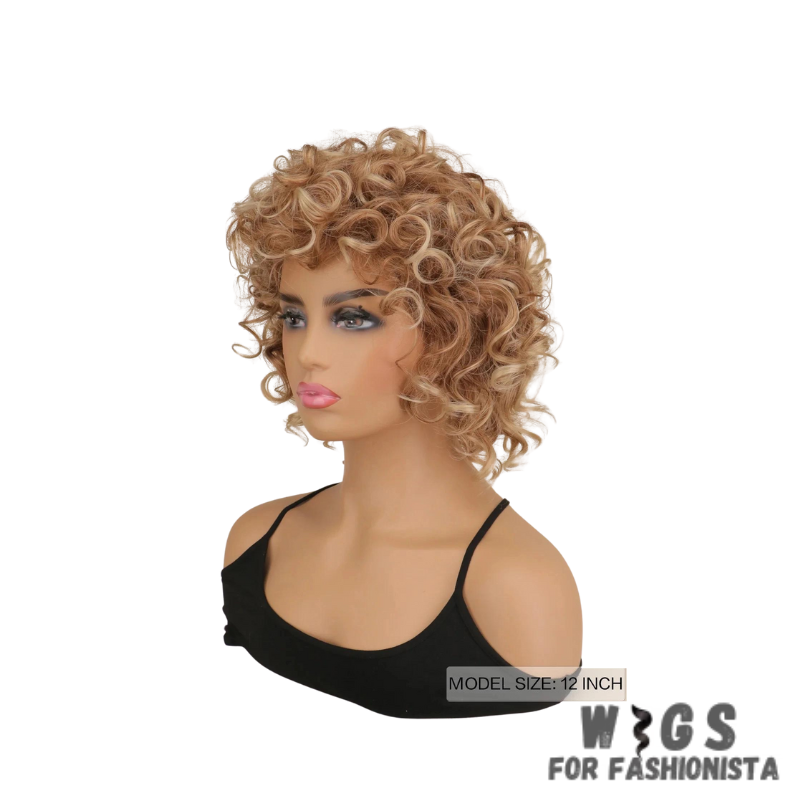 Crafted from high-quality synthetic fibers, this wig offers a soft and natural-looking texture resembles human hair. Lightweight fibers and easy to style.Adjustable wig cap, secure and comfortable fit,designed to provide optimal airflow and ventilation.Blonde Short Curly Synthetic Wig offers a versatile and stylish solution that allows you to express your unique personality with confidence.Hello to effortless glamour with this premium synthetic wig. -WIGS FOR FASHIONISTA