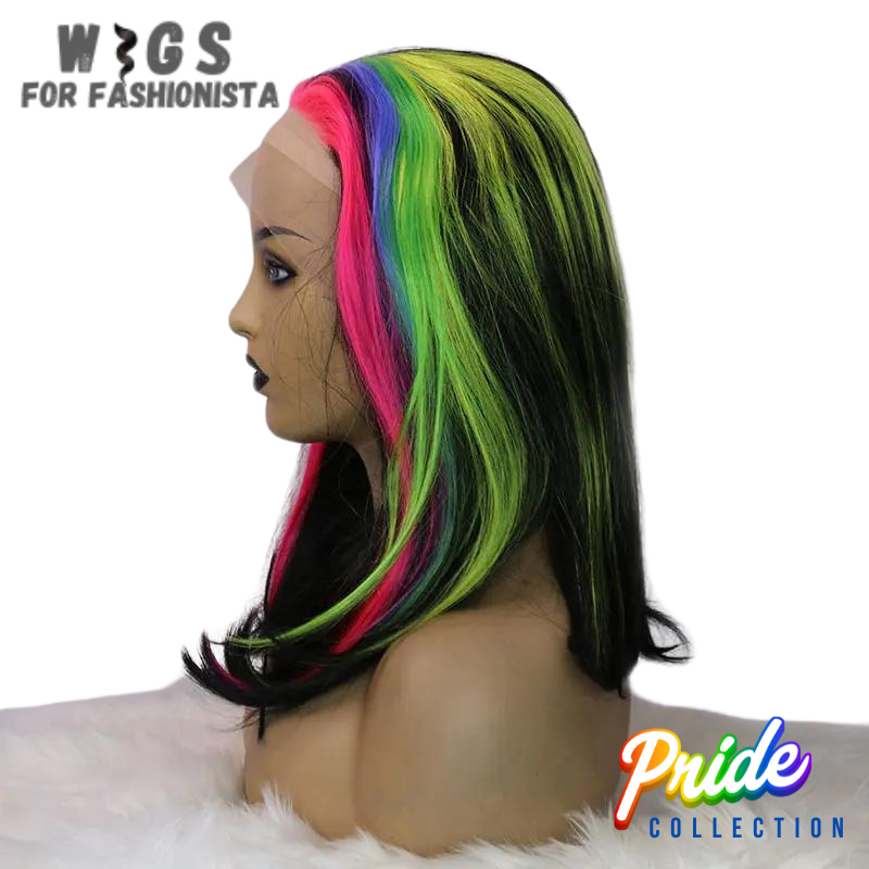 A fusion of boldness and sophistication edgy blunt style, with added playful twist with a half rainbow color scheme.Crafted with premium synthetic fibers,realistic look and feel, seamless.Vibrant half rainbow color palette.From striking reds to vivid oranges, sunny yellows,lush greens, and tranquil blues, each section of the wig features a different hue, creating a captivating rainbow effect that's both eye-catching and unique. -WIGS FOR FASHIONISTA