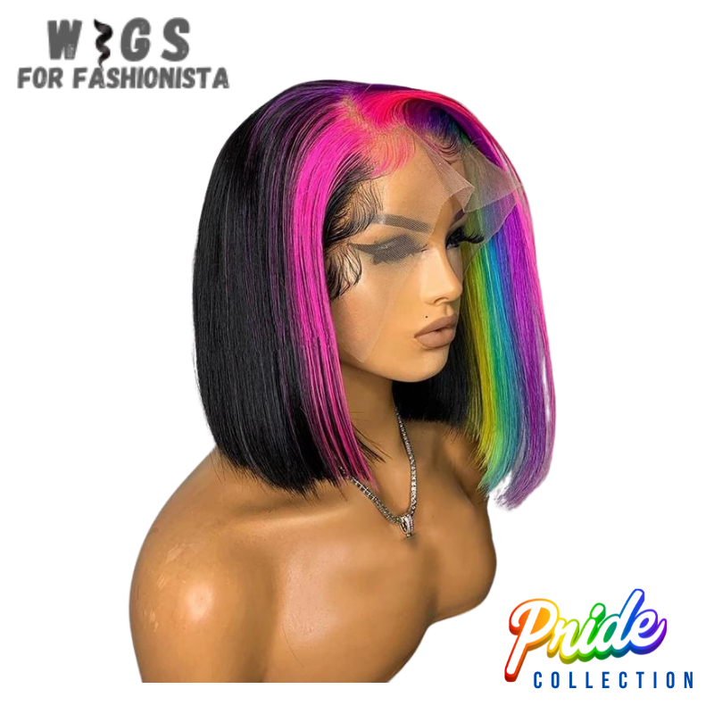 A fusion of boldness and sophistication edgy blunt style, with added playful twist with a half rainbow color scheme.Crafted with premium synthetic fibers,realistic look and feel, seamless.Vibrant half rainbow color palette.From striking reds to vivid oranges, sunny yellows,lush greens, and tranquil blues, each section of the wig features a different hue, creating a captivating rainbow effect that's both eye-catching and unique. -WIGS FOR FASHIONISTA