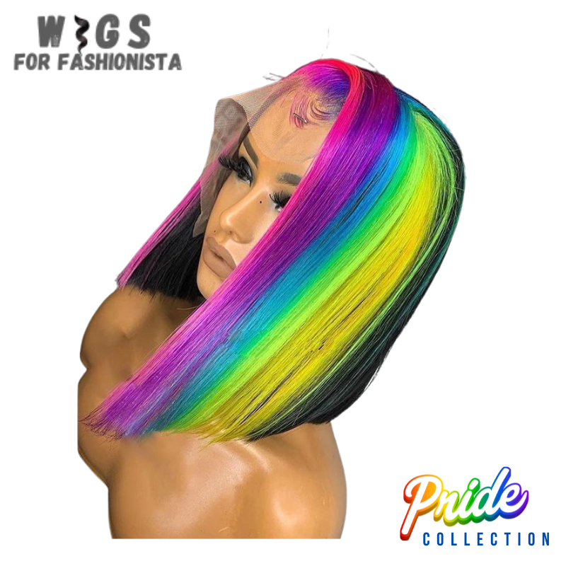 A fusion of boldness and sophistication edgy blunt style, with added playful twist with a half rainbow color scheme.Crafted with premium synthetic fibers,realistic look and feel, seamless.Vibrant half rainbow color palette.From striking reds to vivid oranges, sunny yellows,lush greens, and tranquil blues, each section of the wig features a different hue, creating a captivating rainbow effect that's both eye-catching and unique. -WIGS FOR FASHIONISTA