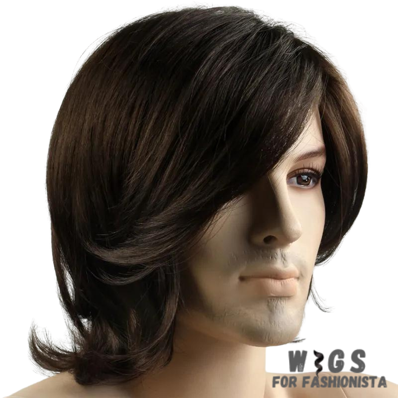 Brown Color Straight Male Wig, meticulously crafted to offer a natural and refined appearance. Features: Color: Brown, offering a classic and timeless look. Texture: Straight, providing a sleek and polished. hairstyle.Length: Various options available, catering to different preferences. Material: High-quality synthetic fibers that closely resemble the texture and appearance of real hair. Cap Construction: Breathable and adjustable cap for maximum comfort and secure fit. -WIGS FOR FASHIONISTA