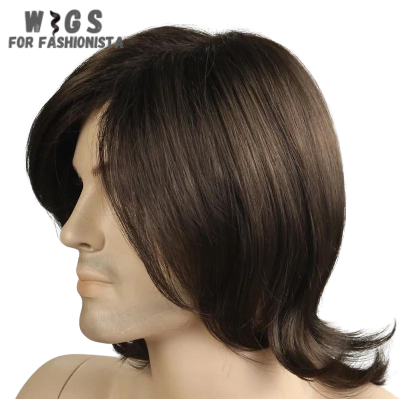 Brown Color Straight Male Wig, meticulously crafted to offer a natural and refined appearance. Features: Color: Brown, offering a classic and timeless look. Texture: Straight, providing a sleek and polished. hairstyle.Length: Various options available, catering to different preferences. Material: High-quality synthetic fibers that closely resemble the texture and appearance of real hair. Cap Construction: Breathable and adjustable cap for maximum comfort and secure fit. -WIGS FOR FASHIONISTA