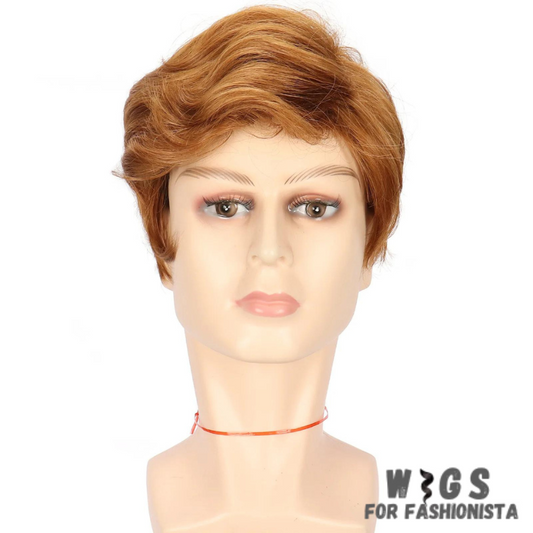 Crafted with premium synthetic fibers, this wig features stunning golden yellow curls that radiate with energy and personality. The short length adds a touch of playfulness to the style, while the curly texture adds volume and dimension for a head-turning look.-WIGS FOR FASHIONISTA