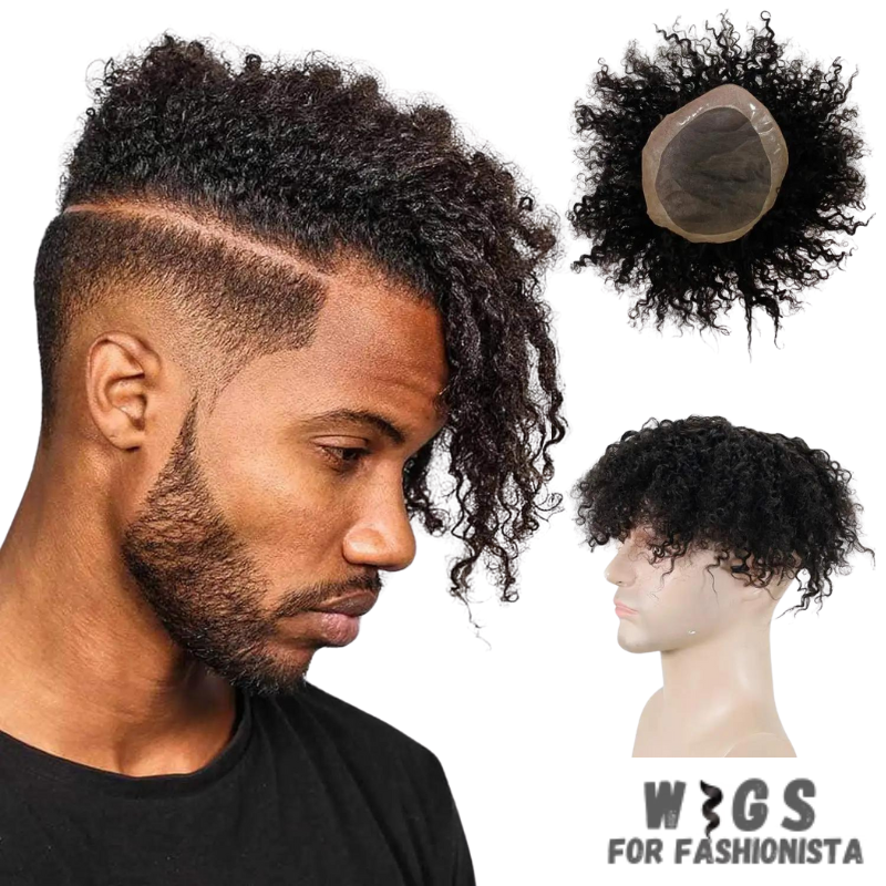 Kinky Curly Men's Toupee, crafted with high-quality human hair, realistic and seamless. Handcrafted toupee for a customized fit. Breathable and durable base for all-day comfort and secure attachment. Various shades available to match your natural hair color. Features:Human hair. natural look, feel, and movement. Kinky curly,distinct and stylish appearance. -WIGS FOR FASHIONISTA