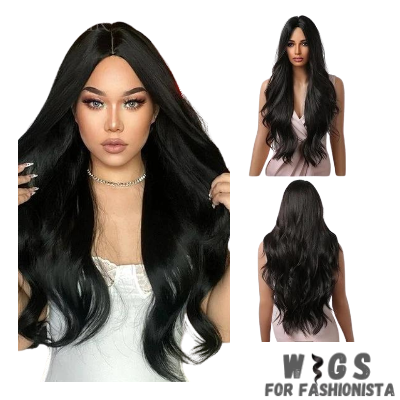 Crafted with premium synthetic fibers, this wig features a captivating wavy texture that exudes natural beauty and charm. The middle part adds a touch of sophistication, framing the face perfectly and enhancing your features. Adjustable cap construction, this wig offers a comfortable and secure fit, ensuring all-day wearability without any discomfort. The synthetic fibers have a soft and realistic feel, closely resembling the texture of natural hair. -WIGS FOR FASHIONISTA