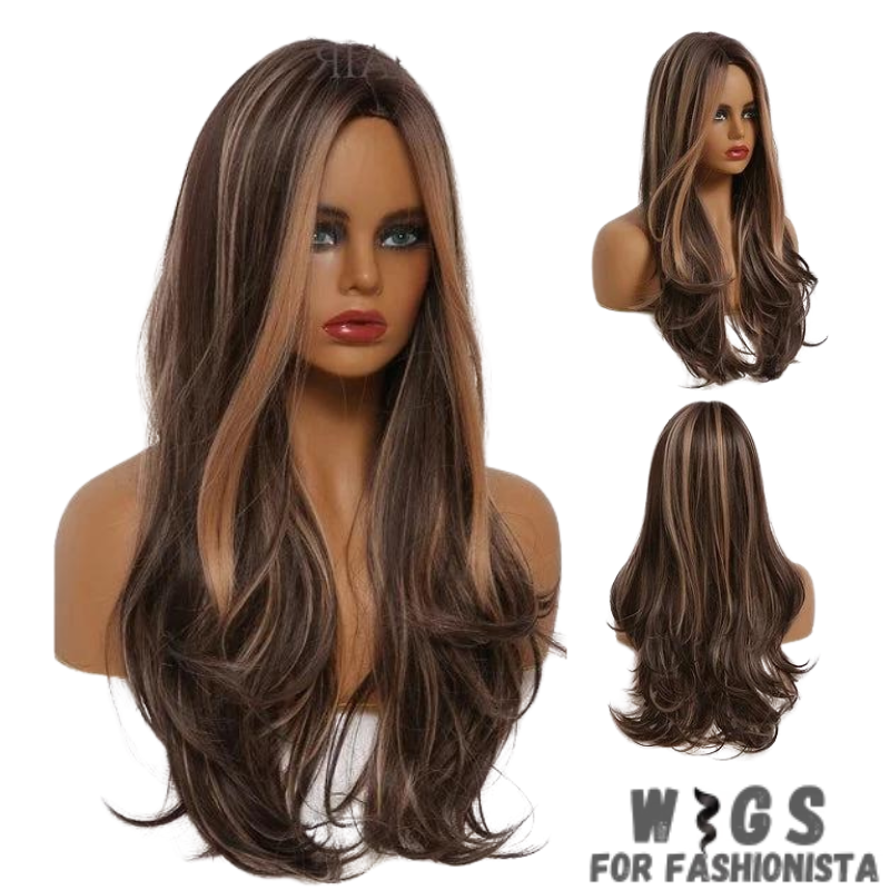 Crafted with premium synthetic fibers, this wig features a captivating wavy texture that exudes natural beauty and charm. The middle part adds a touch of sophistication, framing the face perfectly and enhancing your features. Adjustable cap construction, this wig offers a comfortable and secure fit, ensuring all-day wearability without any discomfort. The synthetic fibers have a soft and realistic feel, closely resembling the texture of natural hair. -WIGS FOR FASHIONISTA