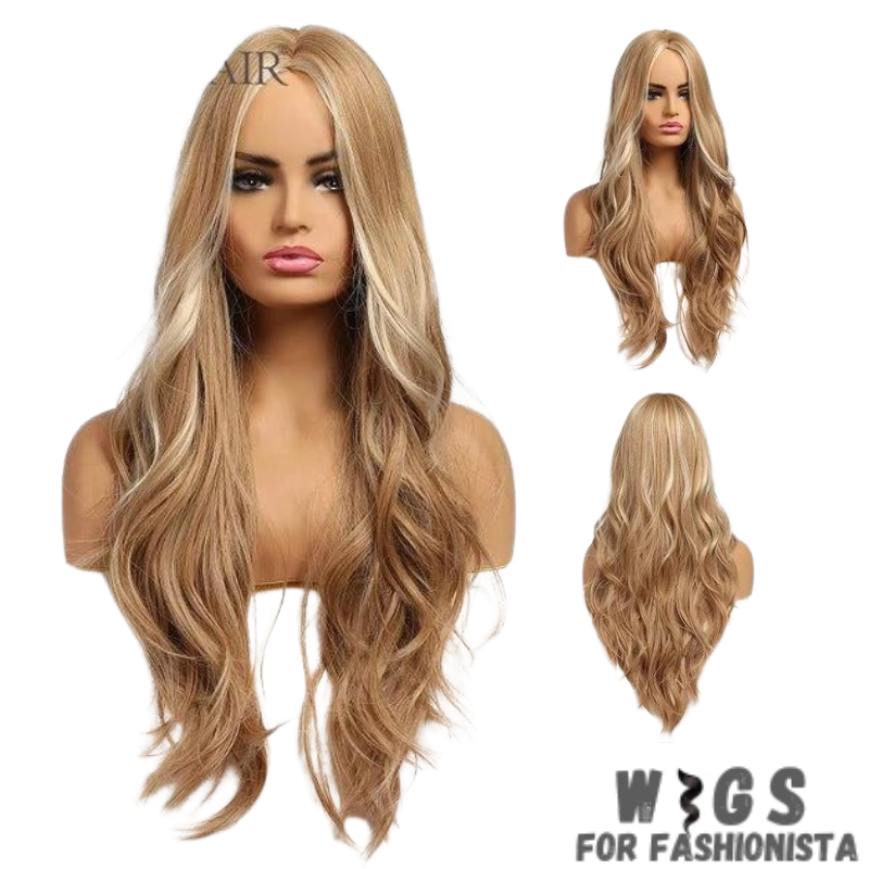 Crafted with premium synthetic fibers, this wig features a captivating wavy texture that exudes natural beauty and charm. The middle part adds a touch of sophistication, framing the face perfectly and enhancing your features. Adjustable cap construction, this wig offers a comfortable and secure fit, ensuring all-day wearability without any discomfort. The synthetic fibers have a soft and realistic feel, closely resembling the texture of natural hair. -WIGS FOR FASHIONISTA