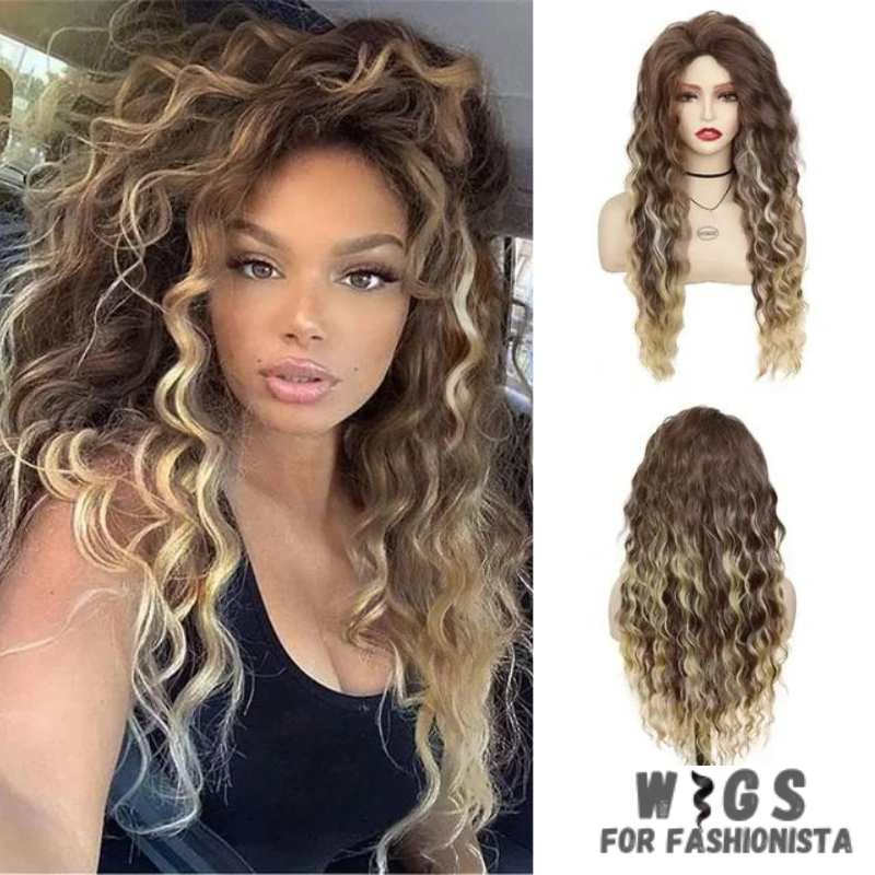 Long Curly Synthetic Wig, meticulously crafted to offer stunning curls and effortless elegance.Long, cascading curls for a dramatic and eye-catching appearance.Curly, offering dynamic movement and bounce for added allure. Various shades available to match your desired look or natural hair color.High-quality synthetic fibers that closely mimic the texture and shine of real hair. Breathable and adjustable cap for all-day comfort and secure fit. -WIGS FOR FASHIONISTA