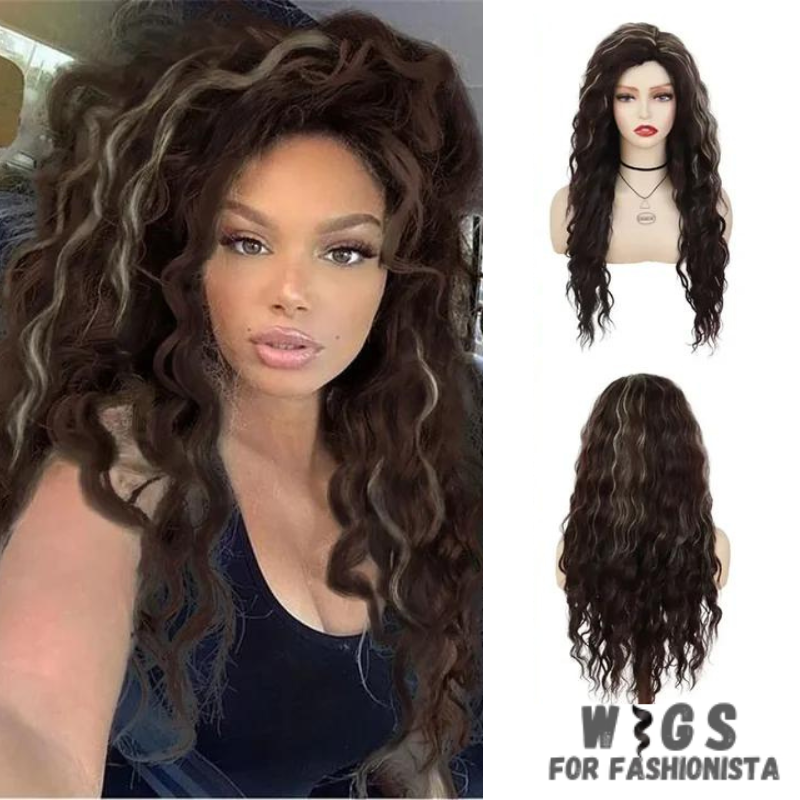 Long Curly Synthetic Wig, meticulously crafted to offer stunning curls and effortless elegance.Long, cascading curls for a dramatic and eye-catching appearance.Curly, offering dynamic movement and bounce for added allure. Various shades available to match your desired look or natural hair color.High-quality synthetic fibers that closely mimic the texture and shine of real hair. Breathable and adjustable cap for all-day comfort and secure fit. -WIGS FOR FASHIONISTA