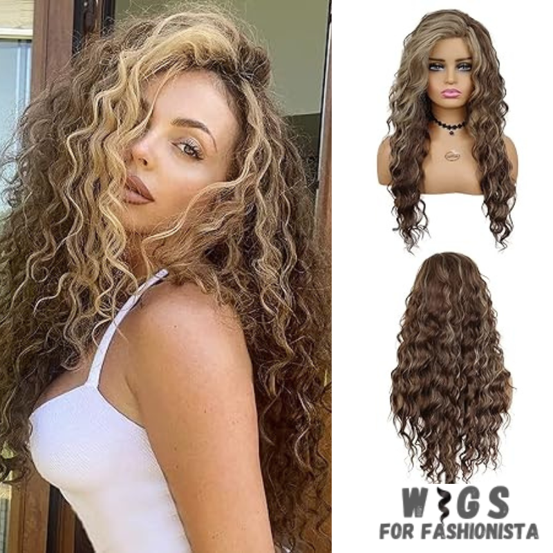 Long Curly Synthetic Wig, meticulously crafted to offer stunning curls and effortless elegance.Long, cascading curls for a dramatic and eye-catching appearance.Curly, offering dynamic movement and bounce for added allure. Various shades available to match your desired look or natural hair color.High-quality synthetic fibers that closely mimic the texture and shine of real hair. Breathable and adjustable cap for all-day comfort and secure fit. -WIGS FOR FASHIONISTA