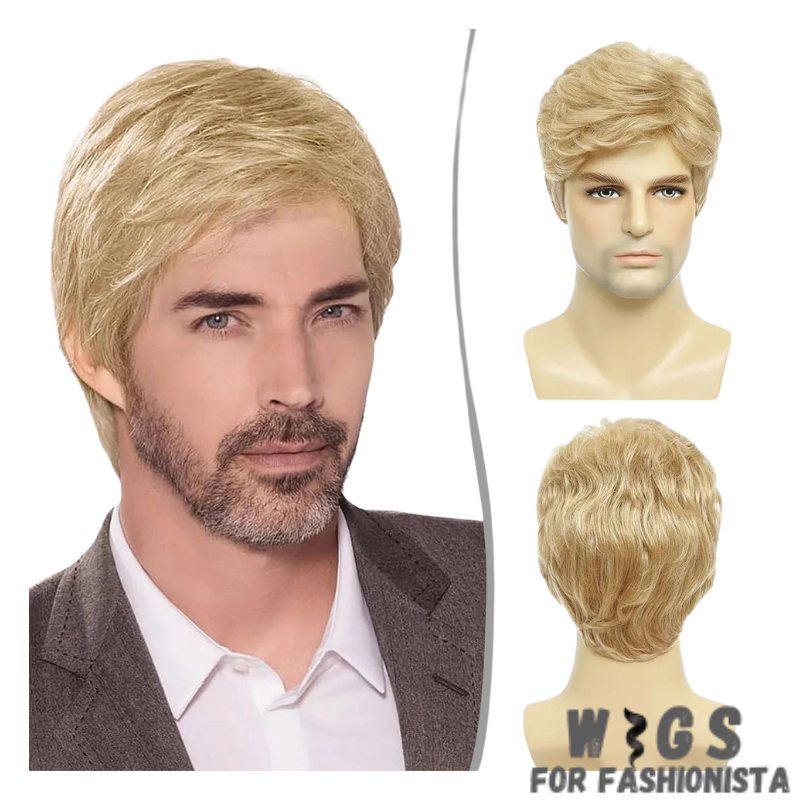 Men's Blonde Layered Synthetic Wig, a versatile and stylish, premium synthetic fibers. Layered construction, for dynamic & dimensional look, to create depth & volume, achieve a variety of looks, from tousled & casual to sleek & polished. High-quality synthetic fibers, retains its shape & color. Lightweight & breathable design, adjustable straps. Pre-styled design, ready to wear straight out of the box. With its blonde coloration, this wig exudes warmth & vibrancy. -WIGS FOR FASHIONISTA