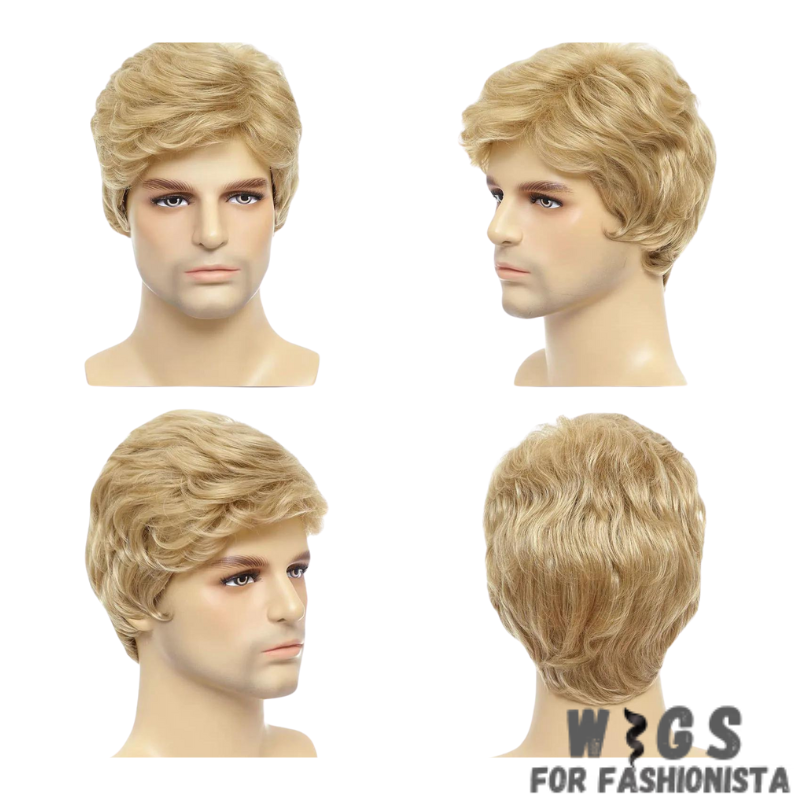 Men's Blonde Layered Synthetic Wig, a versatile and stylish, premium synthetic fibers. Layered construction, for dynamic & dimensional look, to create depth & volume, achieve a variety of looks, from tousled & casual to sleek & polished. High-quality synthetic fibers, retains its shape & color. Lightweight & breathable design, adjustable straps. Pre-styled design, ready to wear straight out of the box. With its blonde coloration, this wig exudes warmth & vibrancy. -WIGS FOR FASHIONISTA