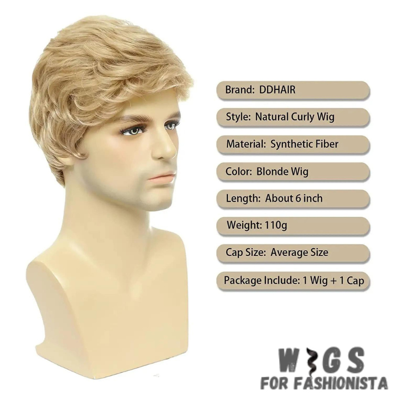 Men's Blonde Layered Synthetic Wig, a versatile and stylish, premium synthetic fibers. Layered construction, for dynamic & dimensional look, to create depth & volume, achieve a variety of looks, from tousled & casual to sleek & polished. High-quality synthetic fibers, retains its shape & color. Lightweight & breathable design, adjustable straps. Pre-styled design, ready to wear straight out of the box. With its blonde coloration, this wig exudes warmth & vibrancy. -WIGS FOR FASHIONISTA