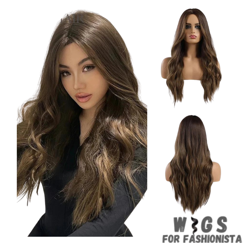 Crafted with premium synthetic fibers, this wig features a captivating wavy texture that exudes natural beauty and charm. The middle part adds a touch of sophistication, framing the face perfectly and enhancing your features. Adjustable cap construction, this wig offers a comfortable and secure fit, ensuring all-day wearability without any discomfort. The synthetic fibers have a soft and realistic feel, closely resembling the texture of natural hair. -WIGS FOR FASHIONISTA