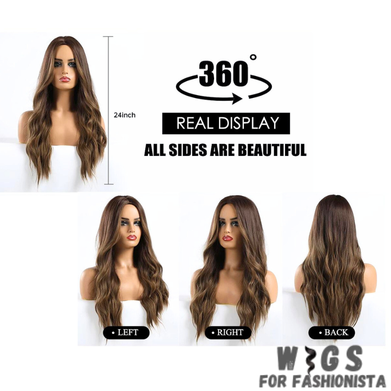 Crafted with premium synthetic fibers, this wig features a captivating wavy texture that exudes natural beauty and charm. The middle part adds a touch of sophistication, framing the face perfectly and enhancing your features. Adjustable cap construction, this wig offers a comfortable and secure fit, ensuring all-day wearability without any discomfort. The synthetic fibers have a soft and realistic feel, closely resembling the texture of natural hair. -WIGS FOR FASHIONISTA