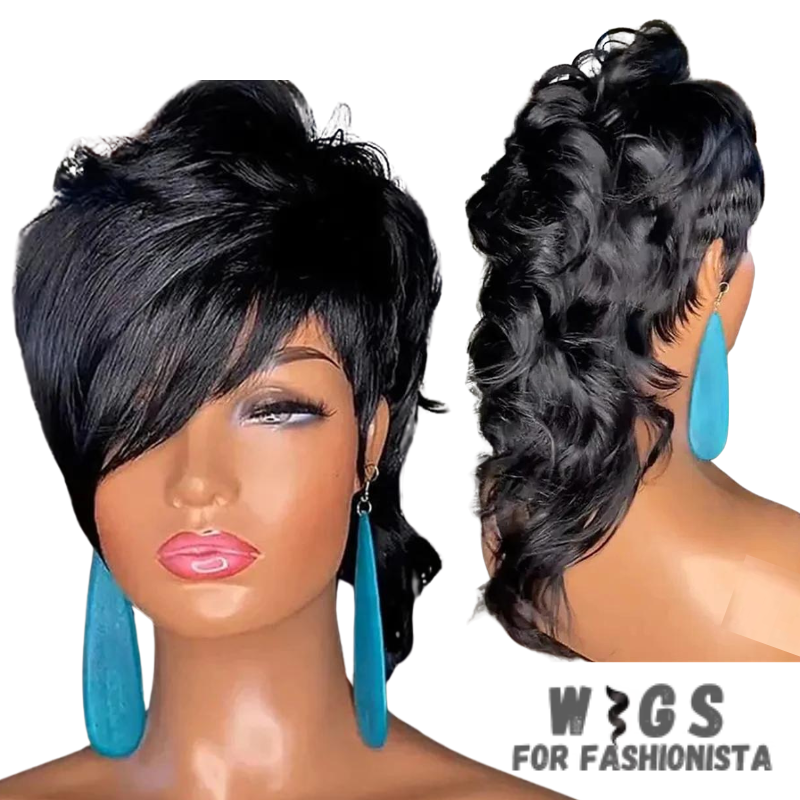 Mullet Wigs Short Pixie Cut Wigs, bold & versatile hairpiece that combines two iconic styles. The front features a short pixie cut, characterized short length & textured layers, providing volume & movement for a flattering & dynamic hairstyle. At the back, the wig transitions into a classic mullet style, featuring longer strands at the nape of the neck for a playful & edgy twist. High-quality synthetic fibers, soft & natural-looking texture. The fibers are heat-resistant. -WIGS FOR FASHIONISTA