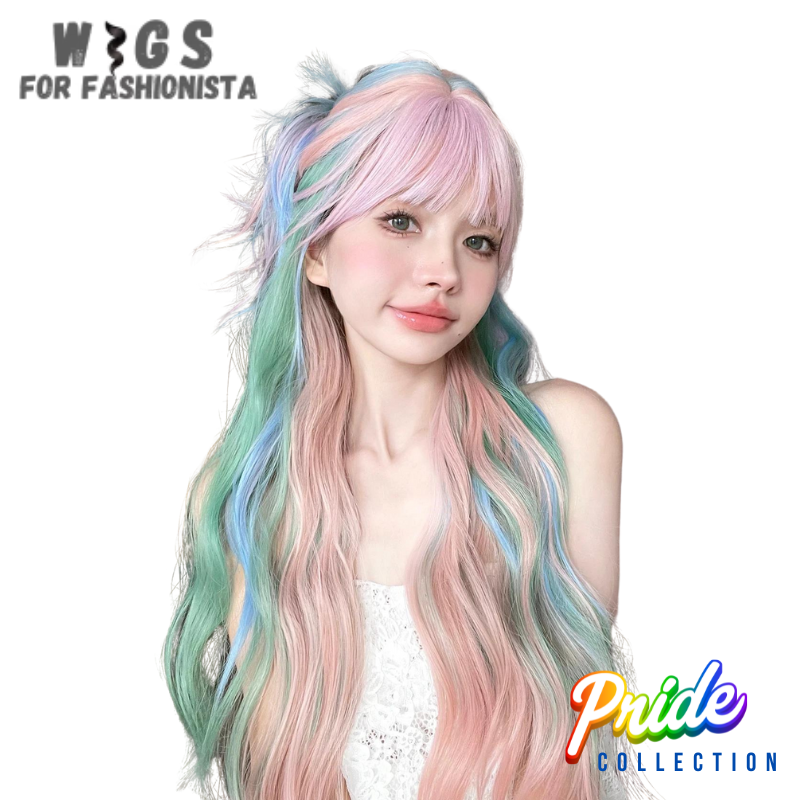 Multi-color 28-inch synthetic wigs with bangs. Length of 28 inches. Multi-color, incorporates a blend of vibrant hues, ranging from subtle gradients to striking contrasts. Features a combination of electric blue, vibrant pink, & deep purple, creates dynamic & visually captivating effect. Bangs, which can frame the face beautifully & add a touch of youthful charm, allows to sweep them to the side for a softer look or keep them blunt for a more edgy appearance. -WIGS FOR FASHIONISTA