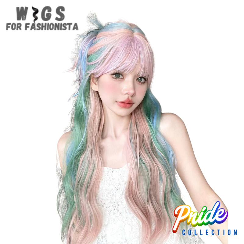 Multi-color 28-inch synthetic wigs with bangs. Length of 28 inches. Multi-color, incorporates a blend of vibrant hues, ranging from subtle gradients to striking contrasts. Features a combination of electric blue, vibrant pink, & deep purple, creates dynamic & visually captivating effect. Bangs, which can frame the face beautifully & add a touch of youthful charm, allows to sweep them to the side for a softer look or keep them blunt for a more edgy appearance. -WIGS FOR FASHIONISTA