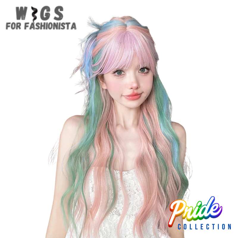 Multi-color 28-inch synthetic wigs with bangs. Length of 28 inches. Multi-color, incorporates a blend of vibrant hues, ranging from subtle gradients to striking contrasts. Features a combination of electric blue, vibrant pink, & deep purple, creates dynamic & visually captivating effect. Bangs, which can frame the face beautifully & add a touch of youthful charm, allows to sweep them to the side for a softer look or keep them blunt for a more edgy appearance. -WIGS FOR FASHIONISTA