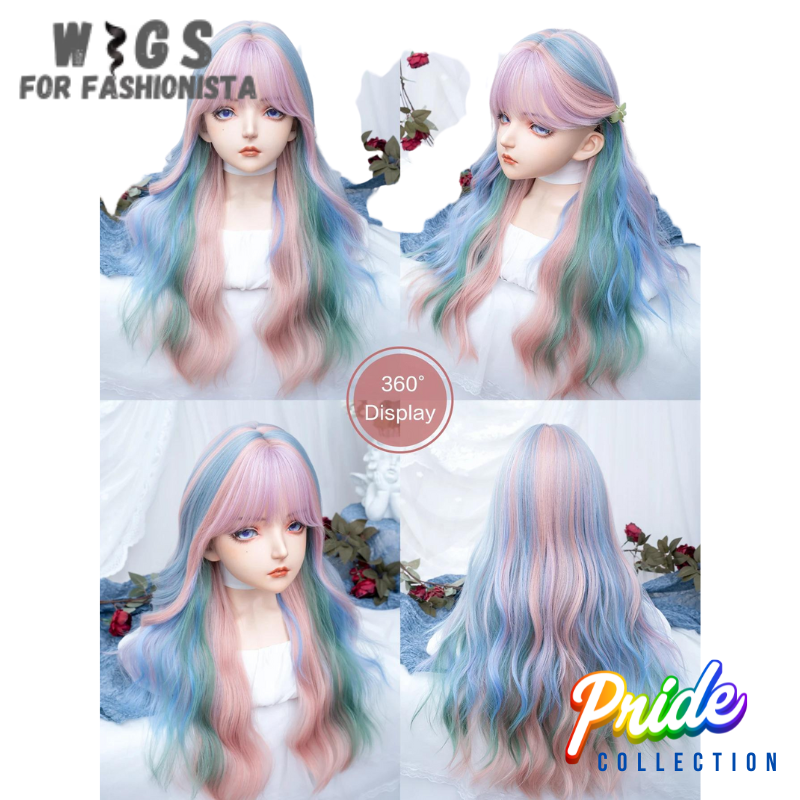 Multi-color 28-inch synthetic wigs with bangs. Length of 28 inches. Multi-color, incorporates a blend of vibrant hues, ranging from subtle gradients to striking contrasts. Features a combination of electric blue, vibrant pink, & deep purple, creates dynamic & visually captivating effect. Bangs, which can frame the face beautifully & add a touch of youthful charm, allows to sweep them to the side for a softer look or keep them blunt for a more edgy appearance. -WIGS FOR FASHIONISTA