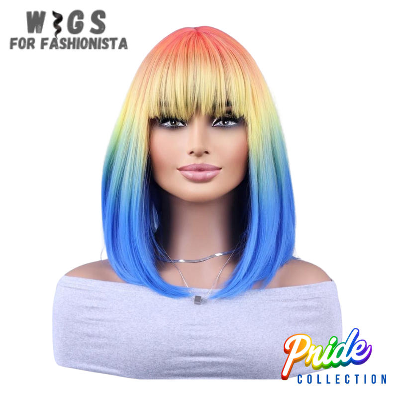 Modern style & vibrant hues crafted with precision & attention to detail, sleek & chic short straight cut, perfect for those who love a bold & edgy aesthetic. With stunning multi-color gradient, from rich blues to fiery reds, lush greens, & sunny yellows, each strand of hair seamlessly transitions from one hue to the next. Lightweight & breathable, ensures all-day comfort, adjustable straps provide a secure & customized fit. -WIGS FOR FASHIONISTA