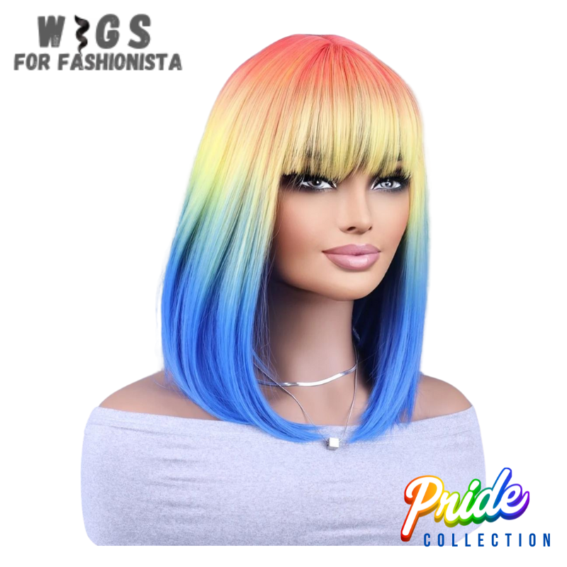 Modern style & vibrant hues crafted with precision & attention to detail, sleek & chic short straight cut, perfect for those who love a bold & edgy aesthetic. With stunning multi-color gradient, from rich blues to fiery reds, lush greens, & sunny yellows, each strand of hair seamlessly transitions from one hue to the next. Lightweight & breathable, ensures all-day comfort, adjustable straps provide a secure & customized fit. -WIGS FOR FASHIONISTA