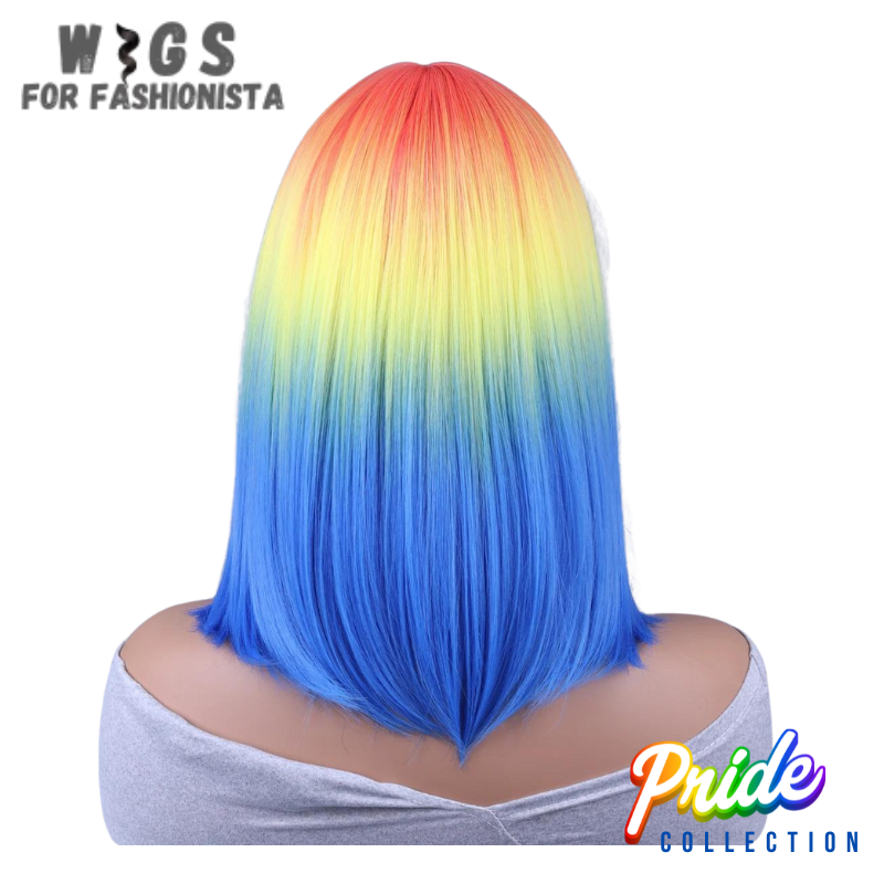 Modern style & vibrant hues crafted with precision & attention to detail, sleek & chic short straight cut, perfect for those who love a bold & edgy aesthetic. With stunning multi-color gradient, from rich blues to fiery reds, lush greens, & sunny yellows, each strand of hair seamlessly transitions from one hue to the next. Lightweight & breathable, ensures all-day comfort, adjustable straps provide a secure & customized fit. -WIGS FOR FASHIONISTA