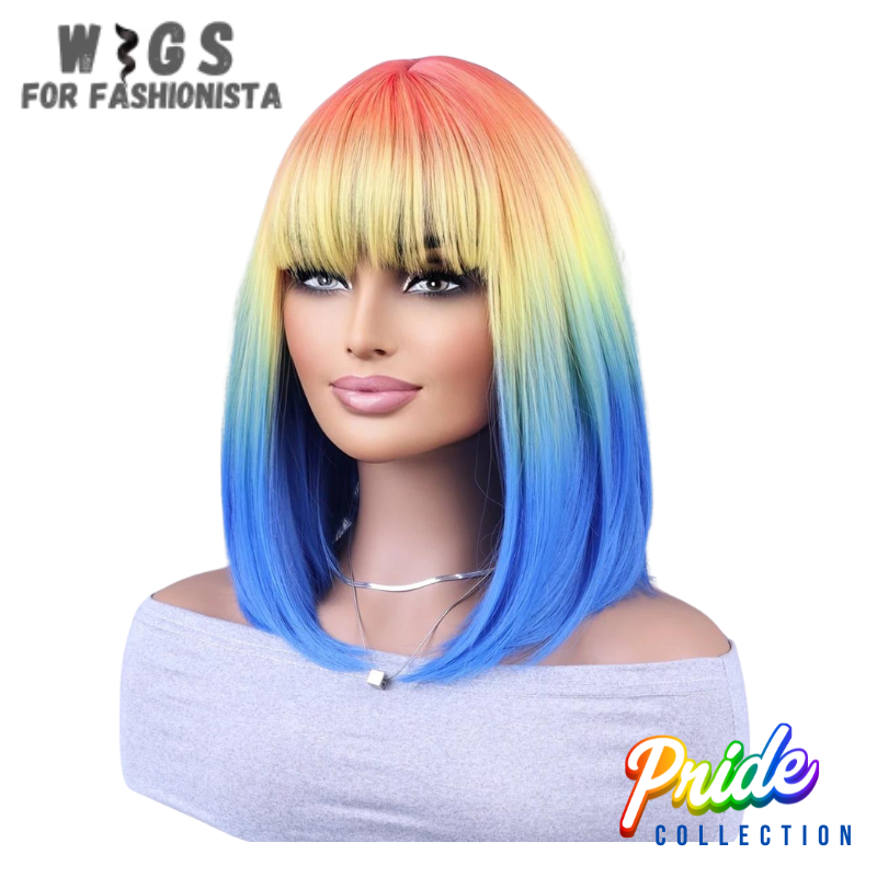 Modern style & vibrant hues crafted with precision & attention to detail, sleek & chic short straight cut, perfect for those who love a bold & edgy aesthetic. With stunning multi-color gradient, from rich blues to fiery reds, lush greens, & sunny yellows, each strand of hair seamlessly transitions from one hue to the next. Lightweight & breathable, ensures all-day comfort, adjustable straps provide a secure & customized fit. -WIGS FOR FASHIONISTA