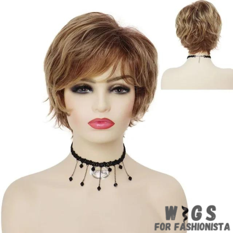 Synthetic Short Hairstyle Wig with Bangs, expertly crafted to mimic the texture and movement of natural hair, ensuring a realistic appearance, breathable and lightweight construction. Provides all-day comfort, whether you're out on the town or lounging at home. The bangs frame the face beautifully, adding a flattering touch to any look. -WIGS FOR FASHIONISTA