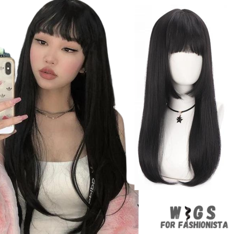 Female Long Straight Hair Wig with Bangs, crafted with premium quality synthetic fibers, features luxuriously long and silky straight hair that falls gracefully down your shoulders. The addition of bangs frames the face delicately, adding a touch of softness and sophistication to your look. The synthetic fibers have a natural sheen and movement, for realistic appearance. Designed for comfort and durability, lightweight and breathable construction. -WIGS FOR FASHIONISTA