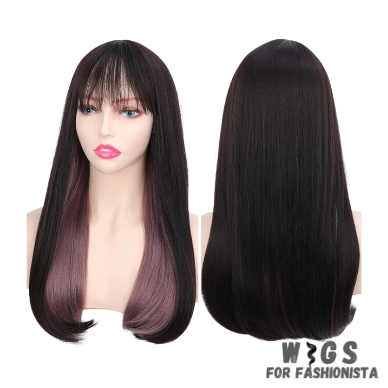 Female Long Straight Hair Wig with Bangs, crafted with premium quality synthetic fibers, features luxuriously long and silky straight hair that falls gracefully down your shoulders. The addition of bangs frames the face delicately, adding a touch of softness and sophistication to your look. The synthetic fibers have a natural sheen and movement, for realistic appearance. Designed for comfort and durability, lightweight and breathable construction. -WIGS FOR FASHIONISTA