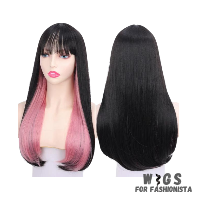 Female Long Straight Hair Wig with Bangs, crafted with premium quality synthetic fibers, features luxuriously long and silky straight hair that falls gracefully down your shoulders. The addition of bangs frames the face delicately, adding a touch of softness and sophistication to your look. The synthetic fibers have a natural sheen and movement, for realistic appearance. Designed for comfort and durability, lightweight and breathable construction. -WIGS FOR FASHIONISTA