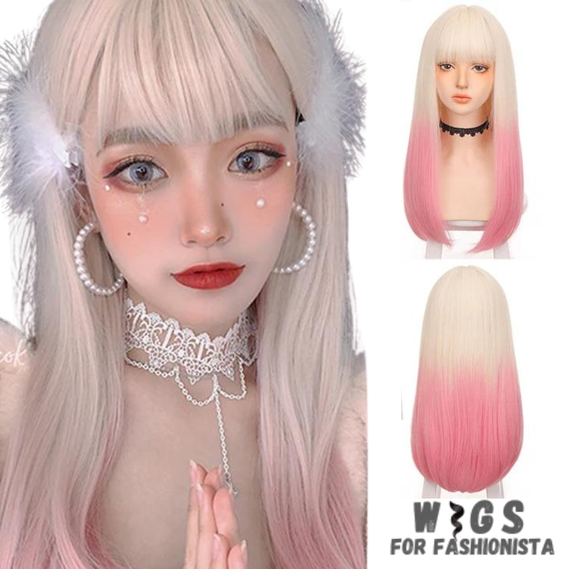 Female Long Straight Hair Wig with Bangs, crafted with premium quality synthetic fibers, features luxuriously long and silky straight hair that falls gracefully down your shoulders. The addition of bangs frames the face delicately, adding a touch of softness and sophistication to your look. The synthetic fibers have a natural sheen and movement, for realistic appearance. Designed for comfort and durability, lightweight and breathable construction. -WIGS FOR FASHIONISTA