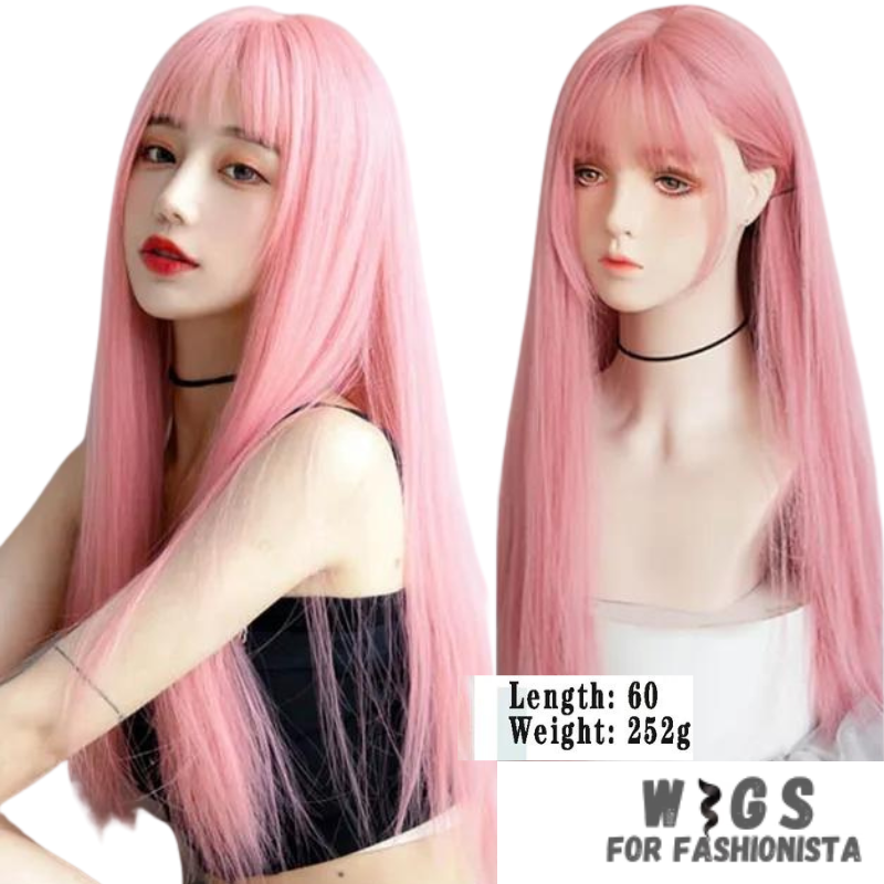 Female Long Straight Hair Wig with Bangs, crafted with premium quality synthetic fibers, features luxuriously long and silky straight hair that falls gracefully down your shoulders. The addition of bangs frames the face delicately, adding a touch of softness and sophistication to your look. The synthetic fibers have a natural sheen and movement, for realistic appearance. Designed for comfort and durability, lightweight and breathable construction. -WIGS FOR FASHIONISTA