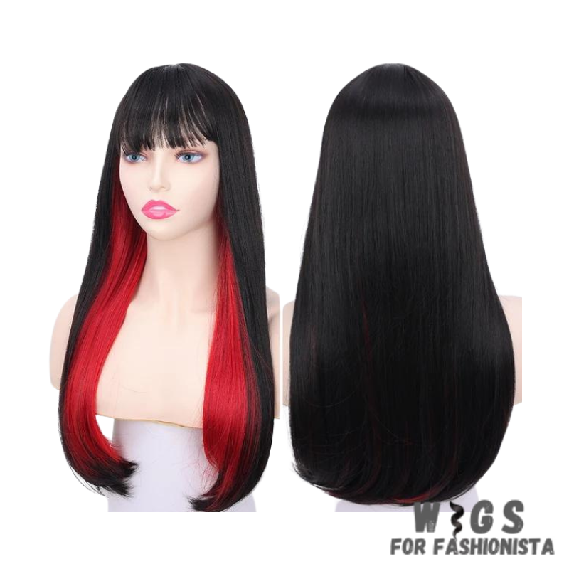 Female Long Straight Hair Wig with Bangs, crafted with premium quality synthetic fibers, features luxuriously long and silky straight hair that falls gracefully down your shoulders. The addition of bangs frames the face delicately, adding a touch of softness and sophistication to your look. The synthetic fibers have a natural sheen and movement, for realistic appearance. Designed for comfort and durability, lightweight and breathable construction. -WIGS FOR FASHIONISTA