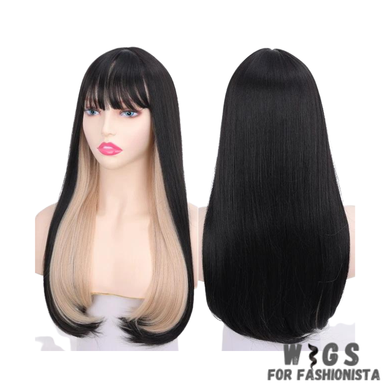 Female Long Straight Hair Wig with Bangs, crafted with premium quality synthetic fibers, features luxuriously long and silky straight hair that falls gracefully down your shoulders. The addition of bangs frames the face delicately, adding a touch of softness and sophistication to your look. The synthetic fibers have a natural sheen and movement, for realistic appearance. Designed for comfort and durability, lightweight and breathable construction. -WIGS FOR FASHIONISTA