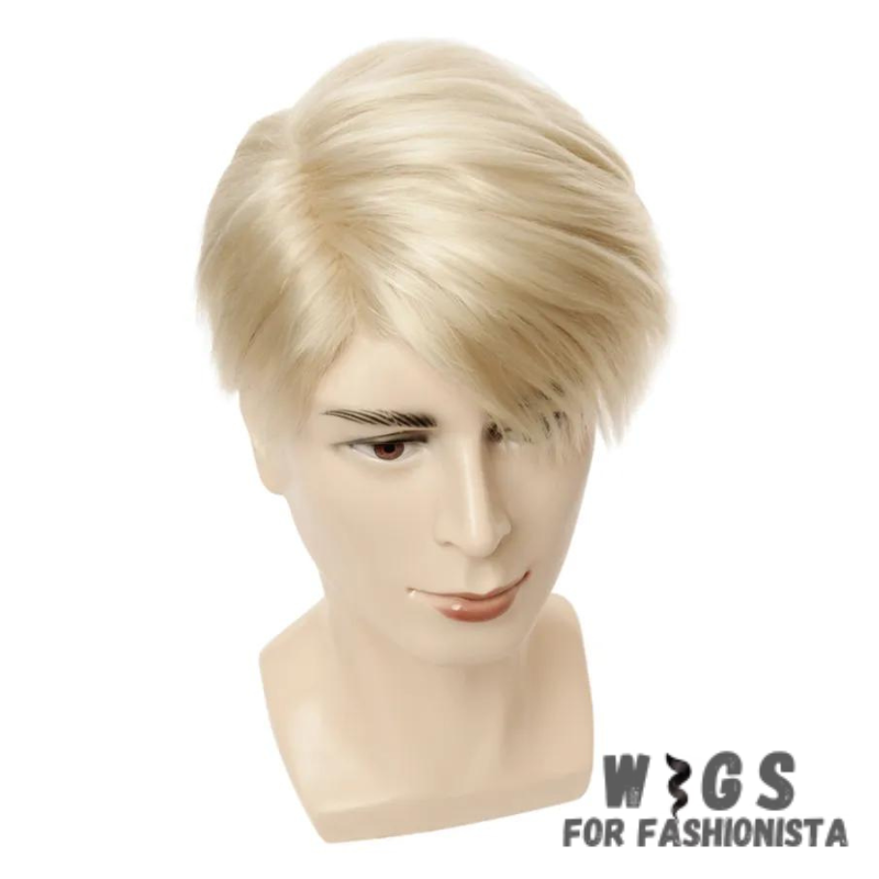 Short Blonde Synthetic Wig for Men – Crafted with premium synthetic fibers, features a trendy short length & a stunning blonde hue that adds a touch of modern flair to any look. The sleek & manageable style ensures easy maintenance & a polished appearance. Designed for comfort & durability, lightweight construction that allows for all-day wear without any discomfort. The synthetic fibers mimic the texture and shine of natural hair, providing a realistic and undetectable finish. -WIGS FOR FASHIONISTA