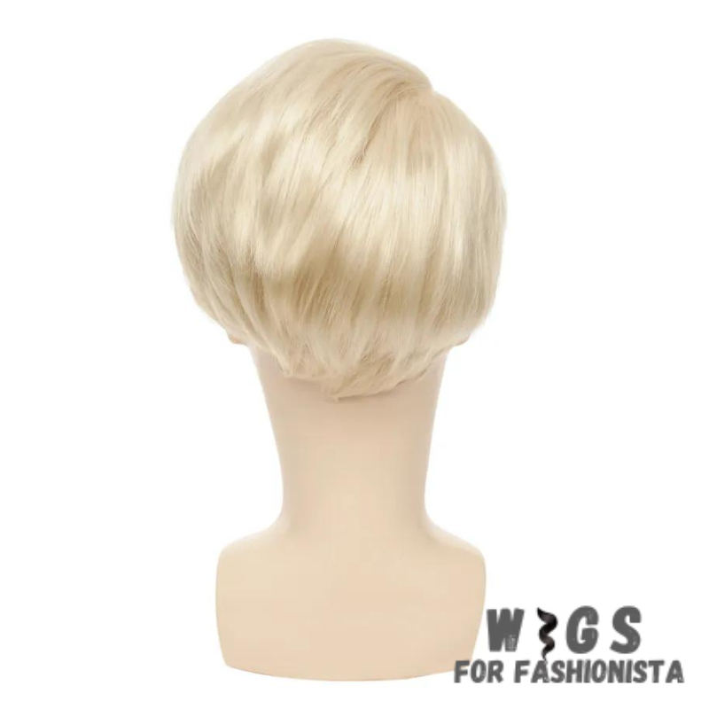 Short Blonde Synthetic Wig for Men – Crafted with premium synthetic fibers, features a trendy short length & a stunning blonde hue that adds a touch of modern flair to any look. The sleek & manageable style ensures easy maintenance & a polished appearance. Designed for comfort & durability, lightweight construction that allows for all-day wear without any discomfort. The synthetic fibers mimic the texture and shine of natural hair, providing a realistic and undetectable finish. -WIGS FOR FASHIONISTA