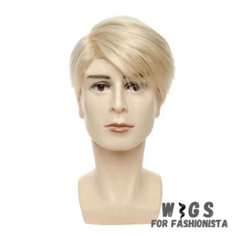 Short Blonde Synthetic Wig for Men – Crafted with premium synthetic fibers, features a trendy short length & a stunning blonde hue that adds a touch of modern flair to any look. The sleek & manageable style ensures easy maintenance & a polished appearance. Designed for comfort & durability, lightweight construction that allows for all-day wear without any discomfort. The synthetic fibers mimic the texture and shine of natural hair, providing a realistic and undetectable finish. -WIGS FOR FASHIONISTA