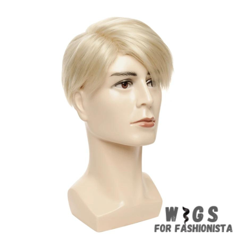 Short Blonde Synthetic Wig for Men – Crafted with premium synthetic fibers, features a trendy short length & a stunning blonde hue that adds a touch of modern flair to any look. The sleek & manageable style ensures easy maintenance & a polished appearance. Designed for comfort & durability, lightweight construction that allows for all-day wear without any discomfort. The synthetic fibers mimic the texture & shine of natural hair, providing a realistic & undetectable finish. -WIGS FOR FASHIONISTA